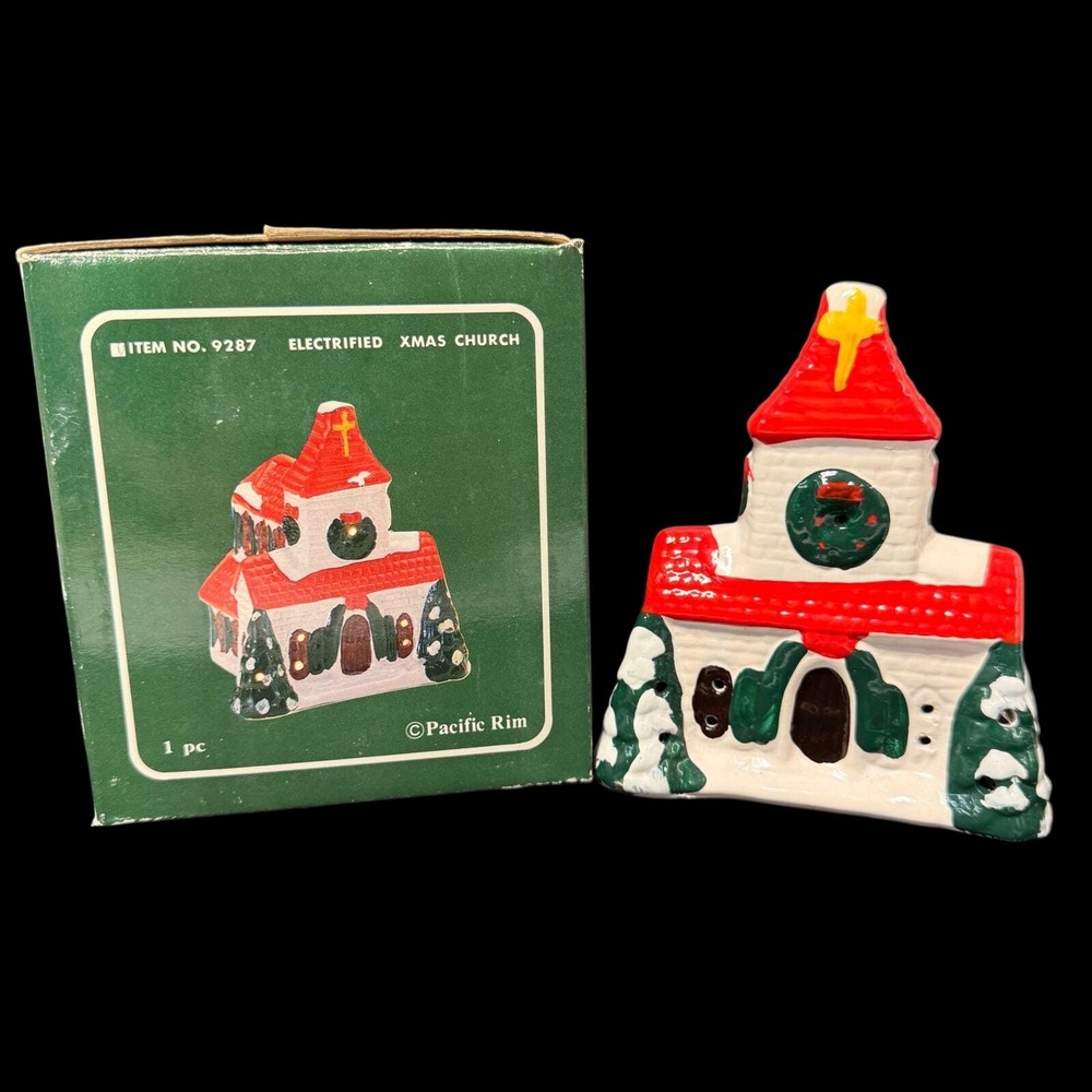 Pacific Rim Ceramic Christmas Church Village Building Red Roof 9287 Figurine Box